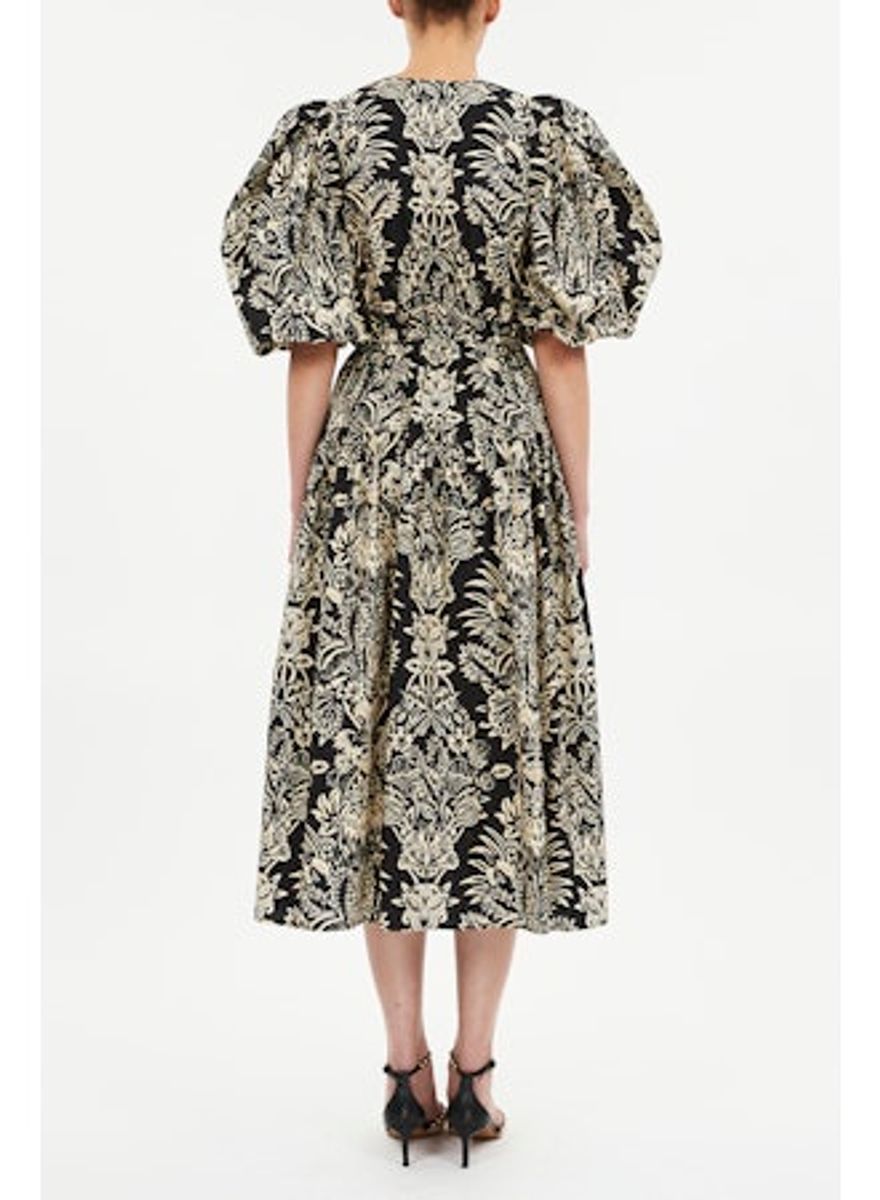 Harriet Puff Sleeve Midi Dress- Noir flora  - Ulla Johnson